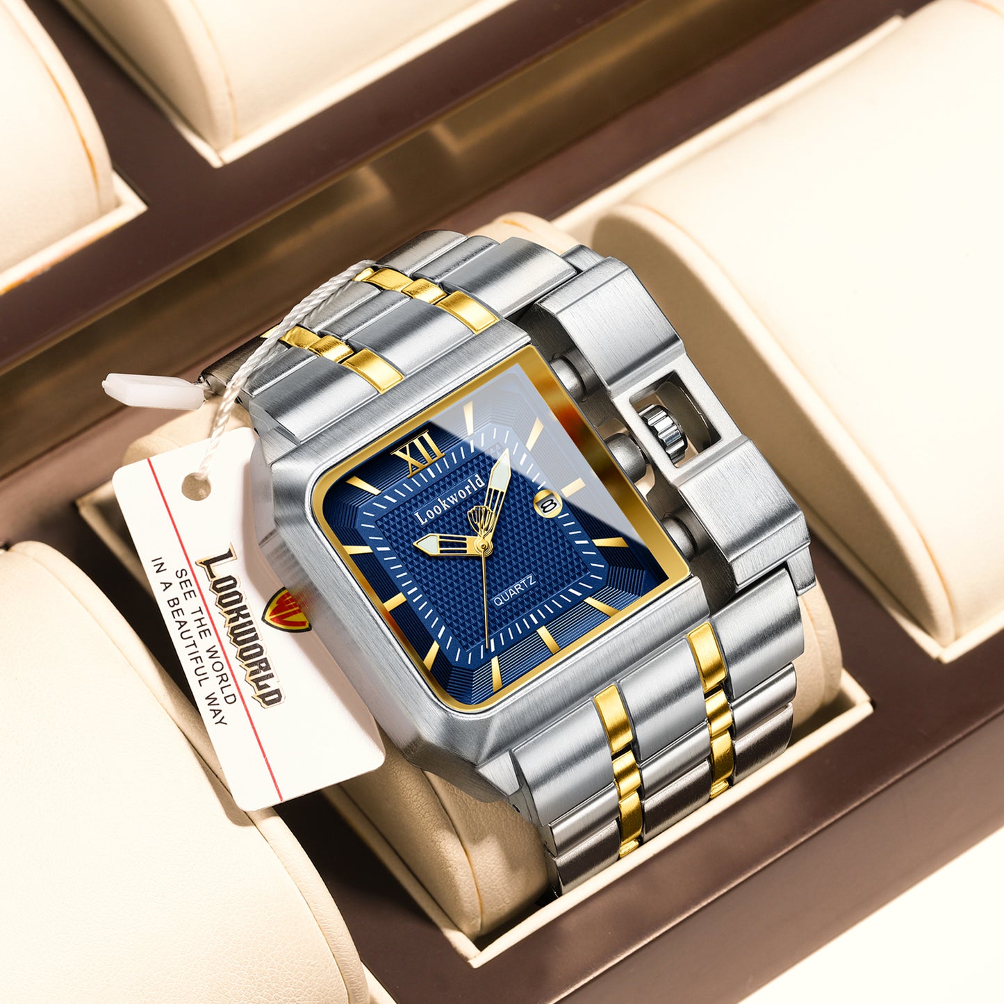 LOOKWORLD Men's Classic Business Luxury Watch - Square Blue and Gold Scales, High Quality Quartz Watch, Polishing Craftsmanship, Fashionable Men's Watch