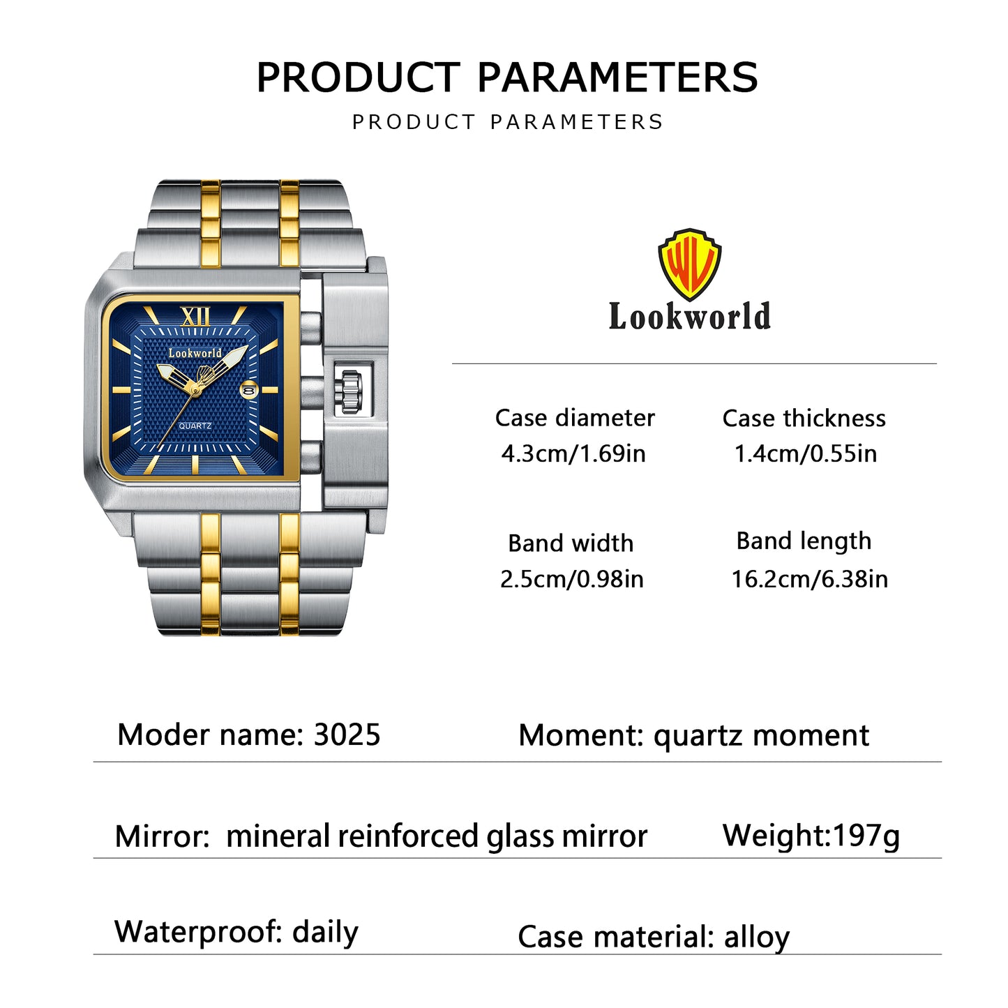 LOOKWORLD Men's Classic Business Luxury Watch - Square Blue and Gold Scales, High Quality Quartz Watch, Polishing Craftsmanship, Fashionable Men's Watch
